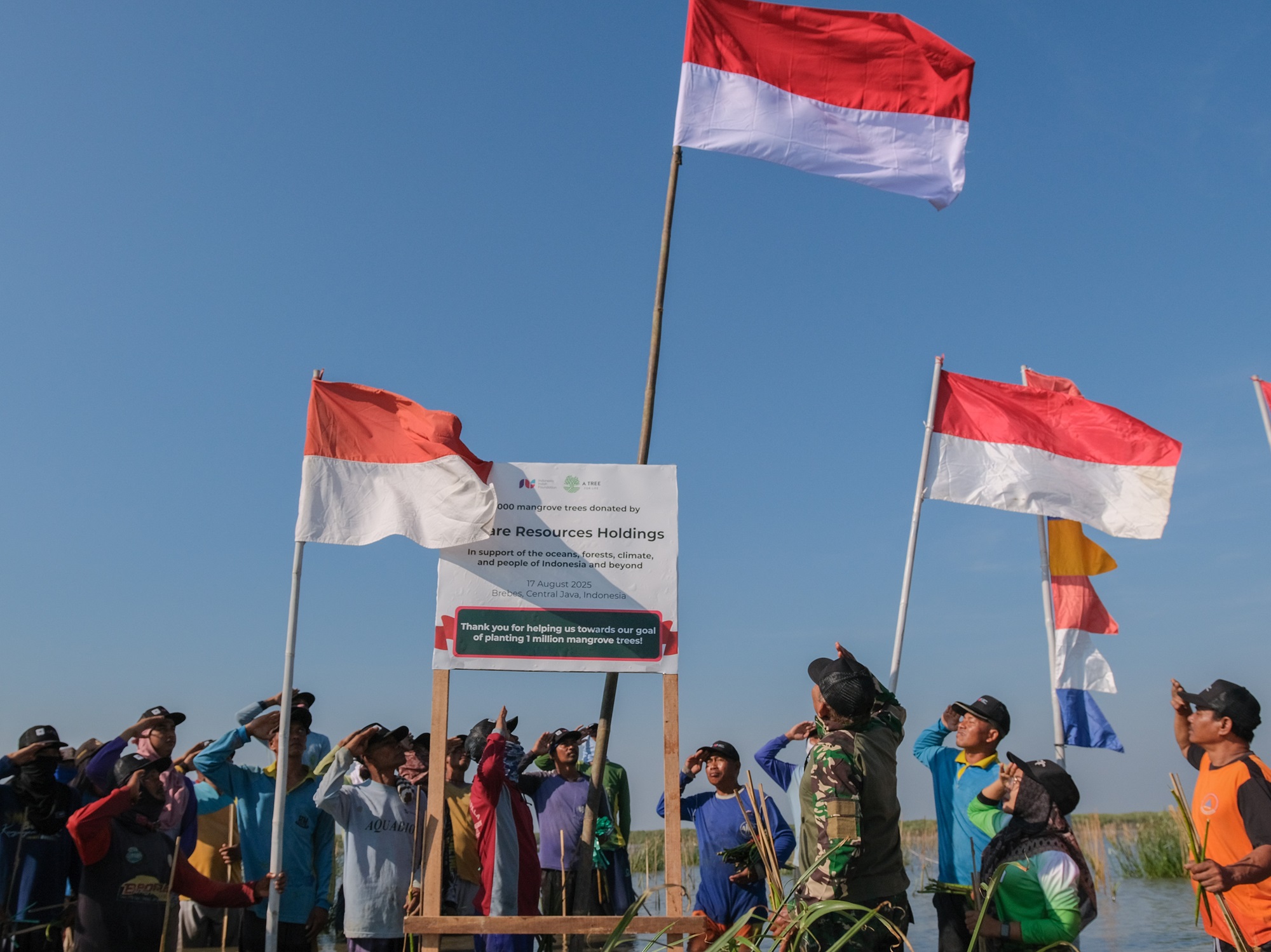 Mangrove Creative Sukses Potret Momen Upacara Bendera di Lumpur dan Penanaman 50.000 Bibit Mangrove oleh IIF di Brebes